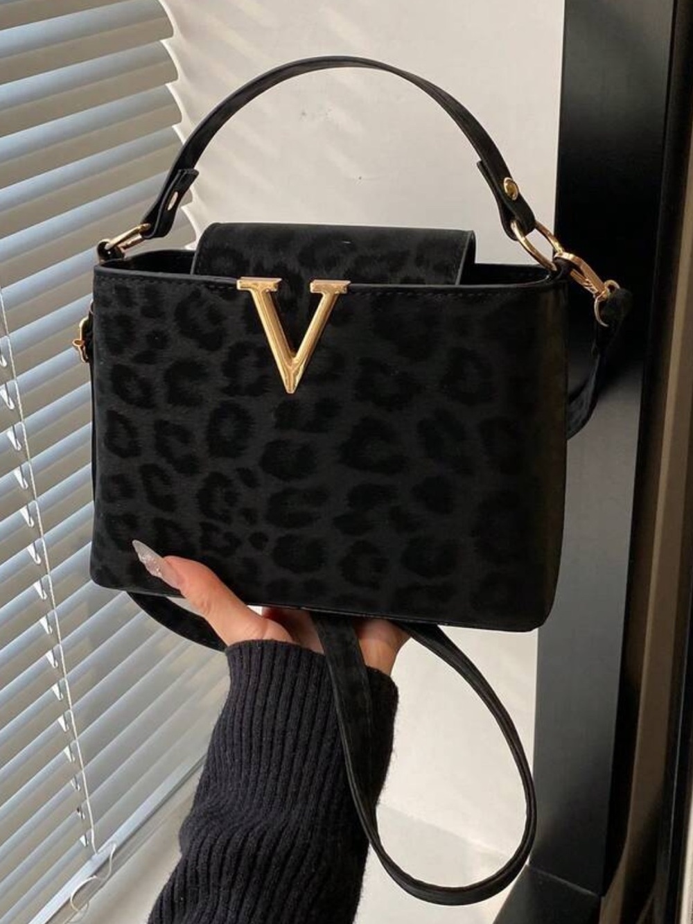 Black Leopard-Print Satchel with Gold V Accent